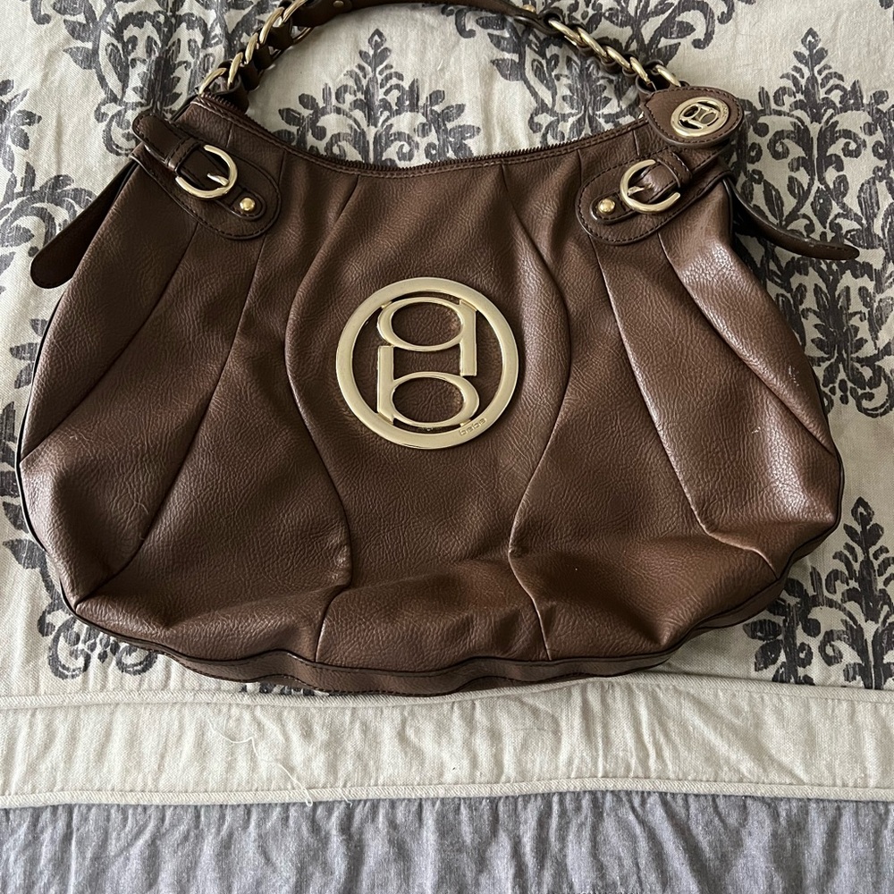 bebe Brown Shoulder Bag with Gold Accents
